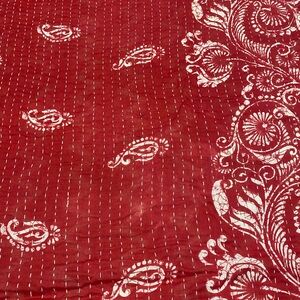 Reversible Kantha Quilt Red Navy Blue Paisley Floral Hand Stitched Cotton Throw